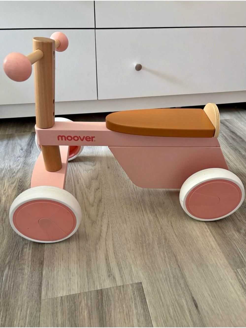 Pink Ride-On Wooden Toddler Scooter with Brown Seat